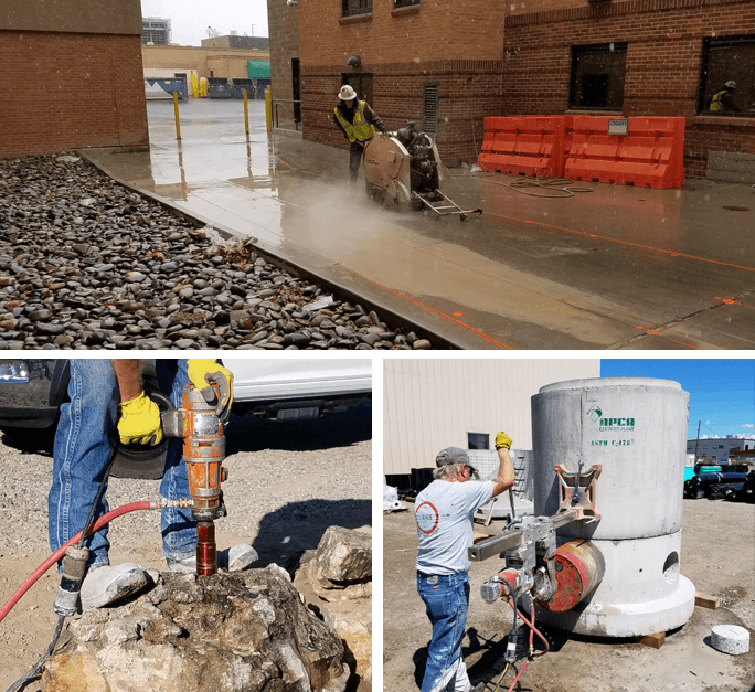 A collage of photos with workers and equipment.